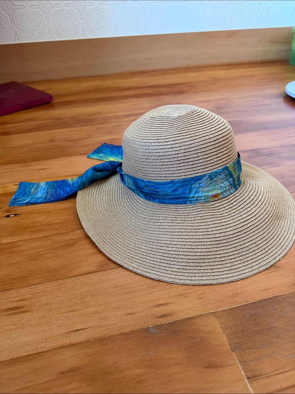 NWT Vince Camuto Beige Straw Sun Hat with Blue Scarf Trim